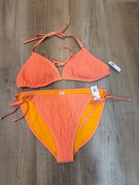 BNWT Old Navy Neon Orange-Pink Textured Tie-Side Bikini
